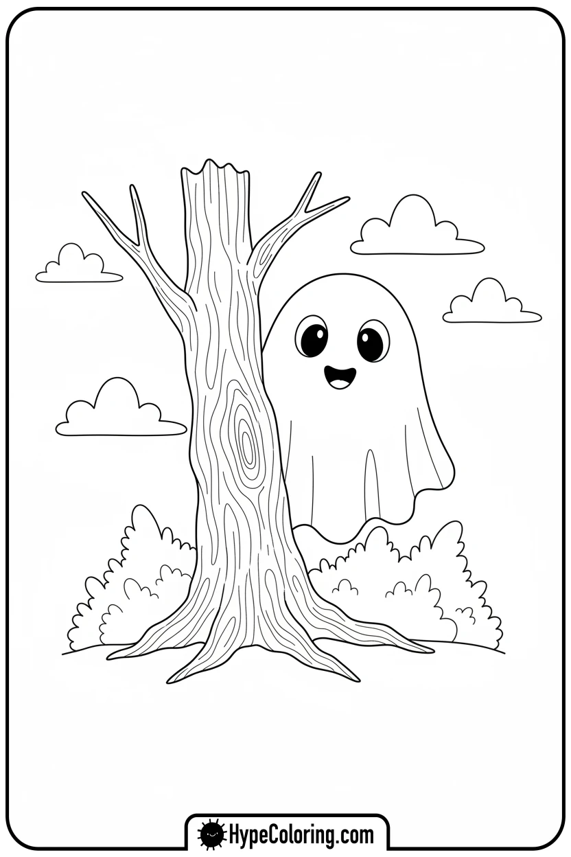 ghost-hiding-behind-tree - ghost coloring page