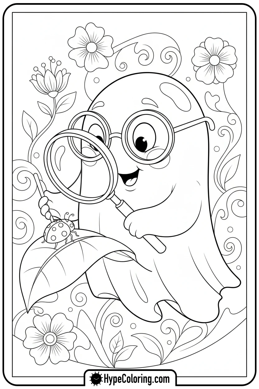 ghost-examining-ladybug - ghost coloring page
