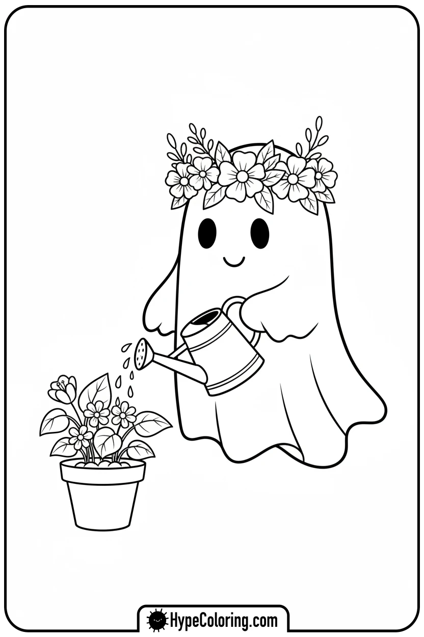 ghost-watering-plant - ghost coloring page