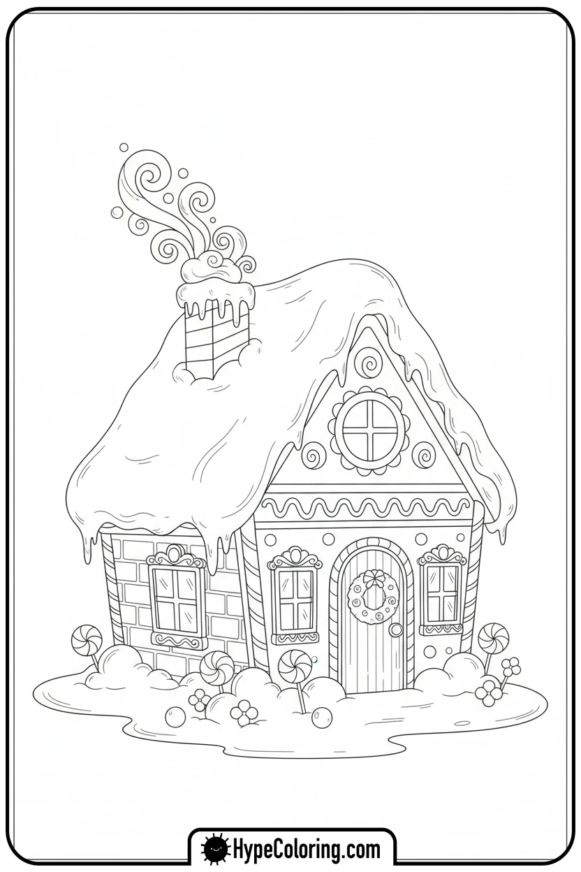 snowy-gingerbread-house - gingerbread house coloring page