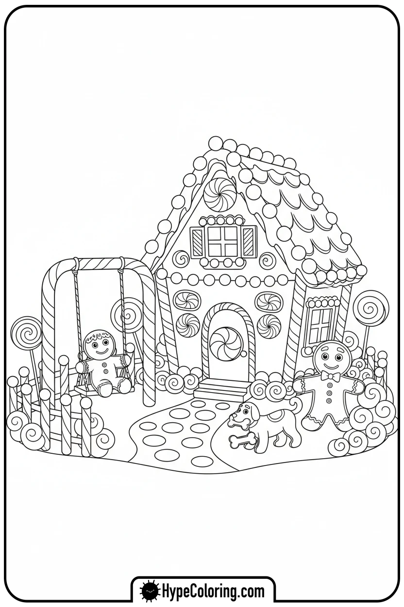 gingerbread-house-with-family - gingerbread house coloring page