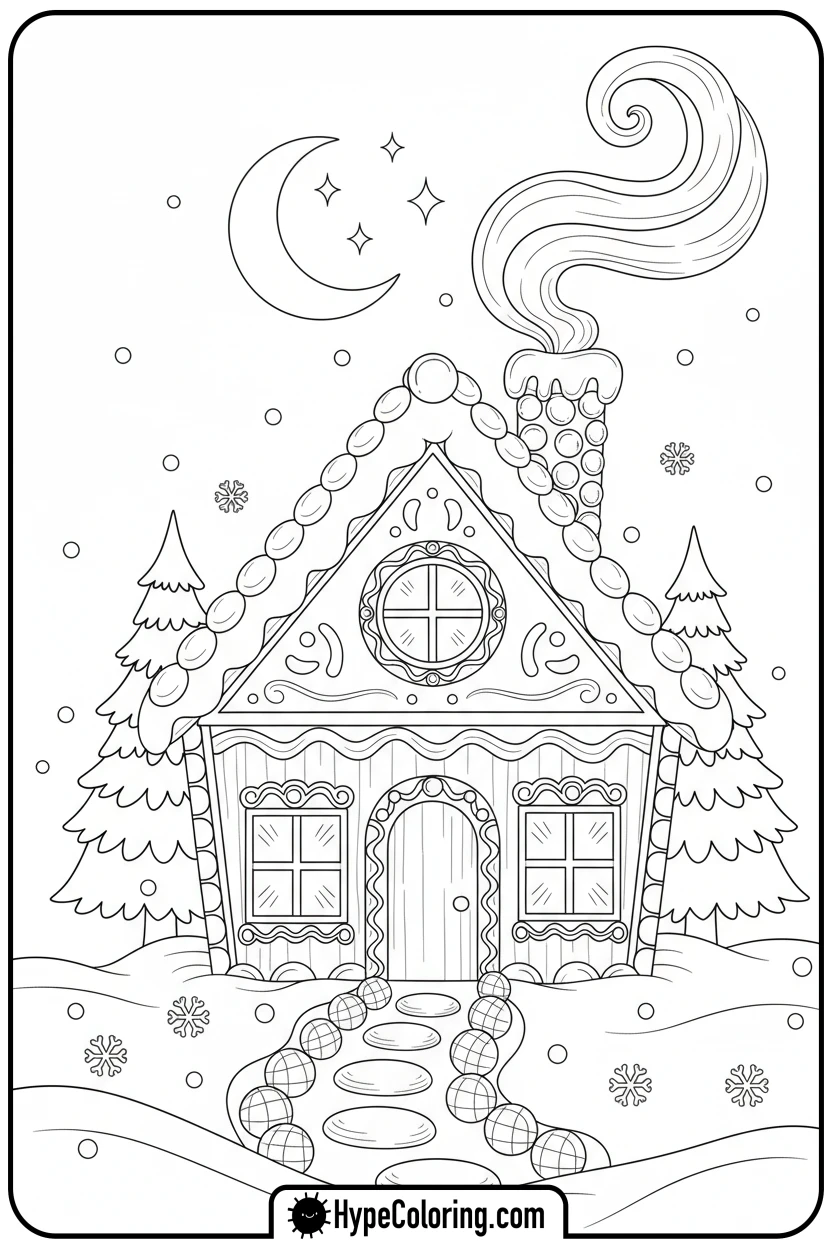 glowing-gingerbread-house-night - gingerbread house coloring page