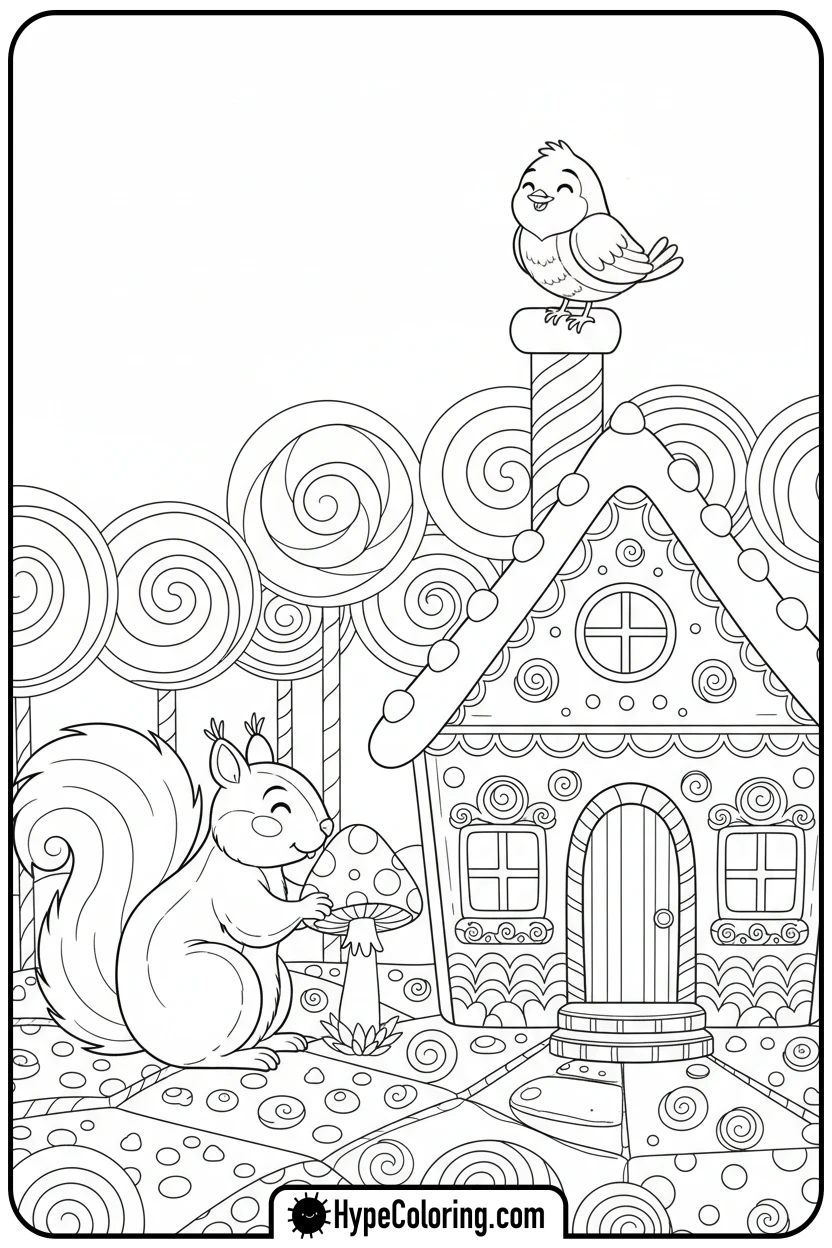 gingerbread-house-with-animals - gingerbread house coloring page