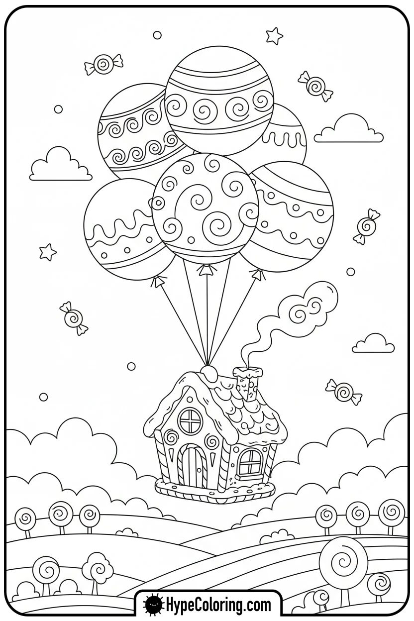 flying-gingerbread-house - gingerbread house coloring page