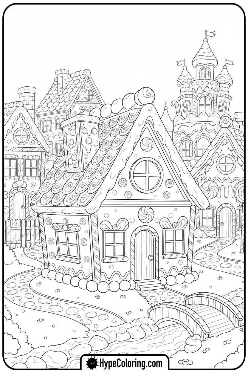 gingerbread-house-in-village - gingerbread house coloring page