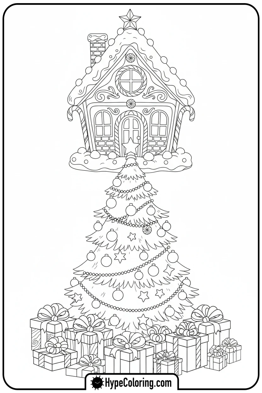 gingerbread-house-under-tree - gingerbread house coloring page
