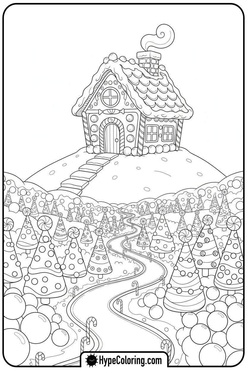 gingerbread-house-on-hill - gingerbread house coloring page