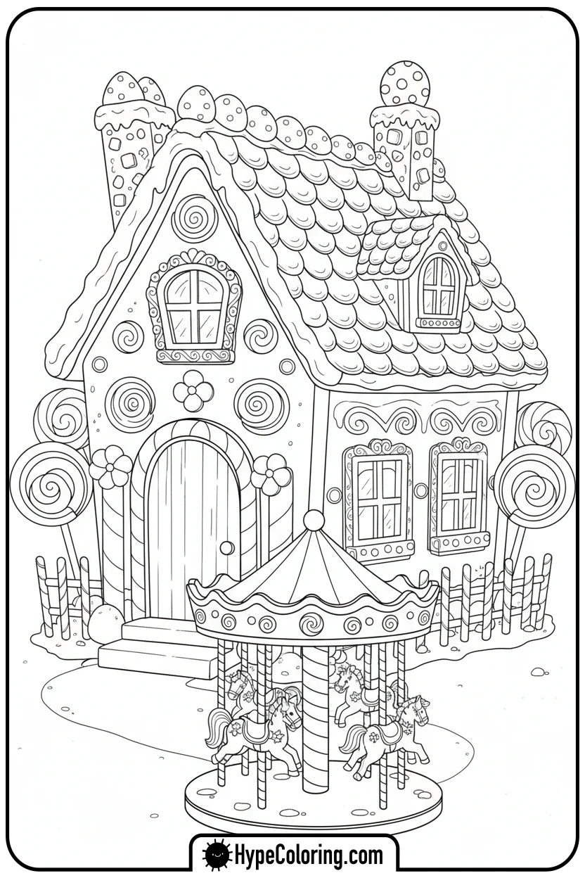 gingerbread-house-with-carousel - gingerbread house coloring page