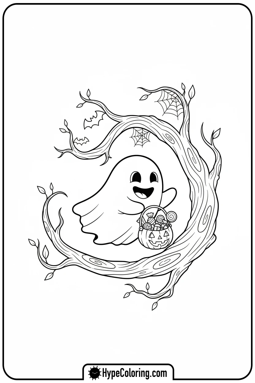 friendly-ghost-with-candy-bucket - halloween coloring pages free