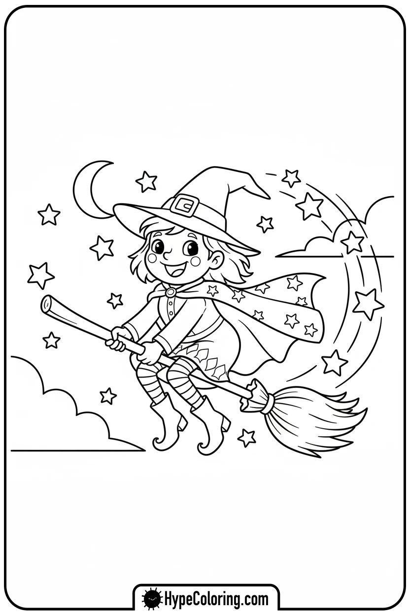 friendly-witch-flying-broom - halloween coloring pages free