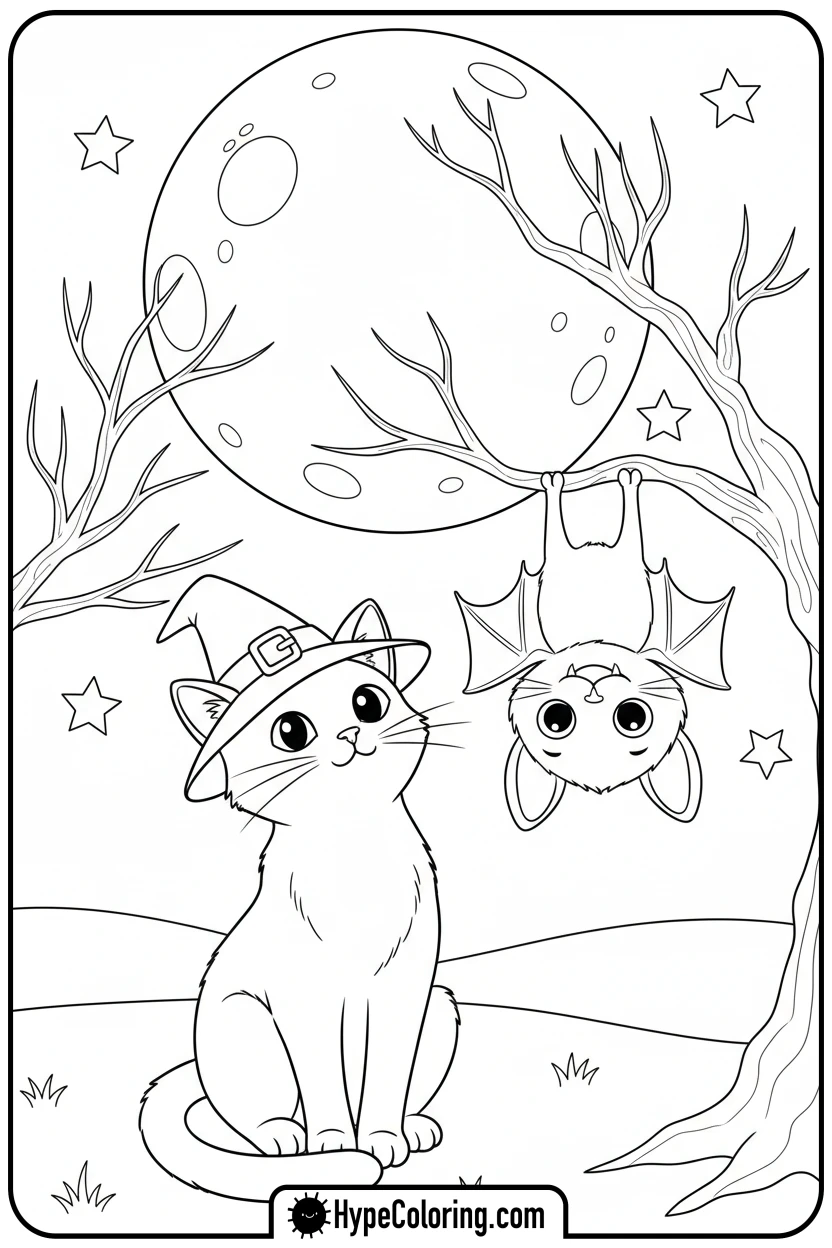 black-cat-and-bat-friends - halloween coloring pages free