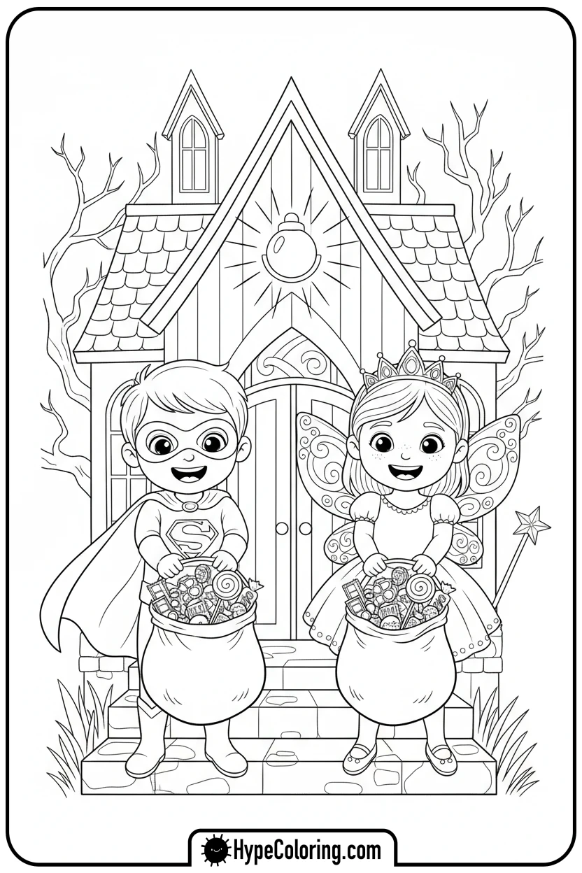 kids-trick-or-treating - halloween coloring pages free