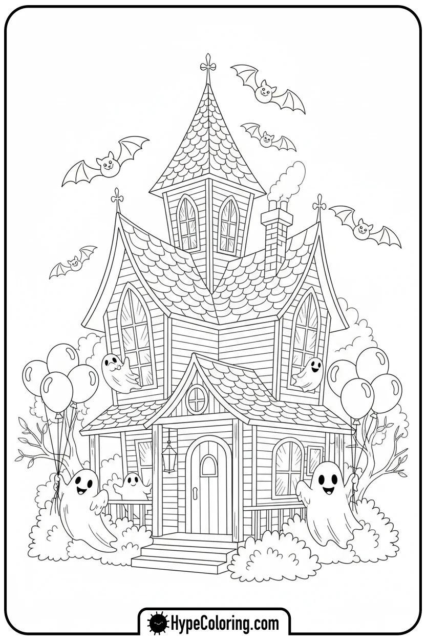 haunted-house-party - halloween coloring pages free