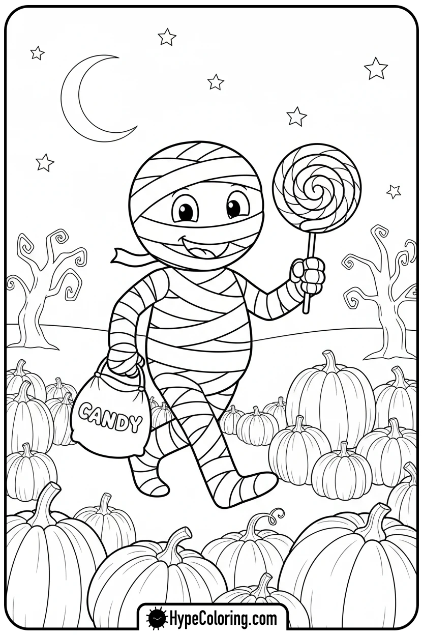 mummy-holding-candy - halloween coloring pages free