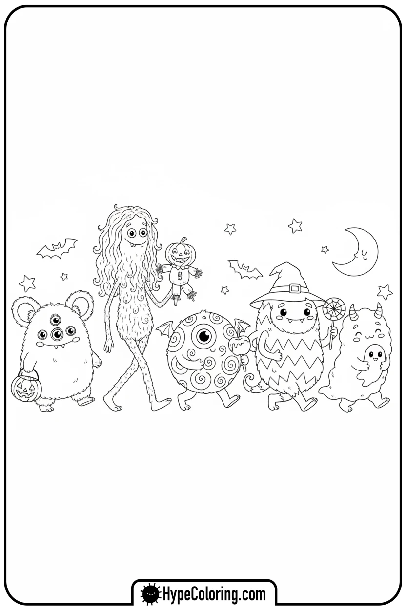 cute-monster-parade - halloween coloring pages free
