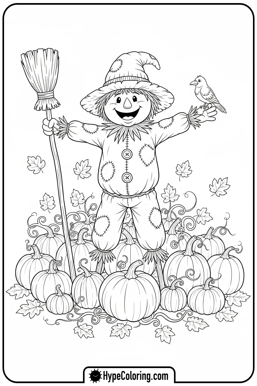 scarecrow-in-pumpkin-patch - halloween coloring pages free