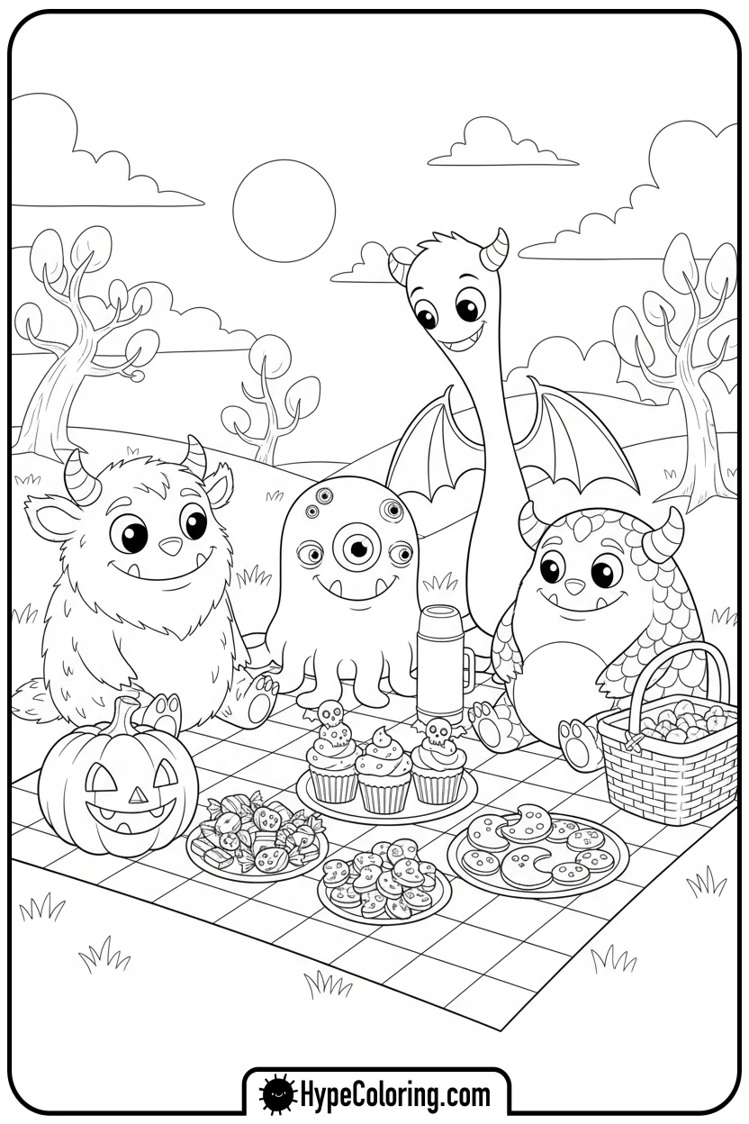monsters-having-picnic - halloween coloring pages free