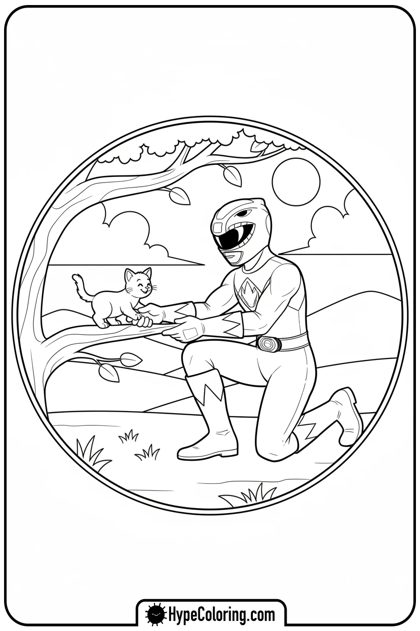 Click to download PDF yellow-ranger-helping-kitten - power rangers coloring pages