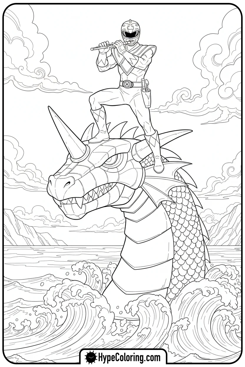Click to download PDF green-ranger-on-dragonzord - power rangers coloring pages