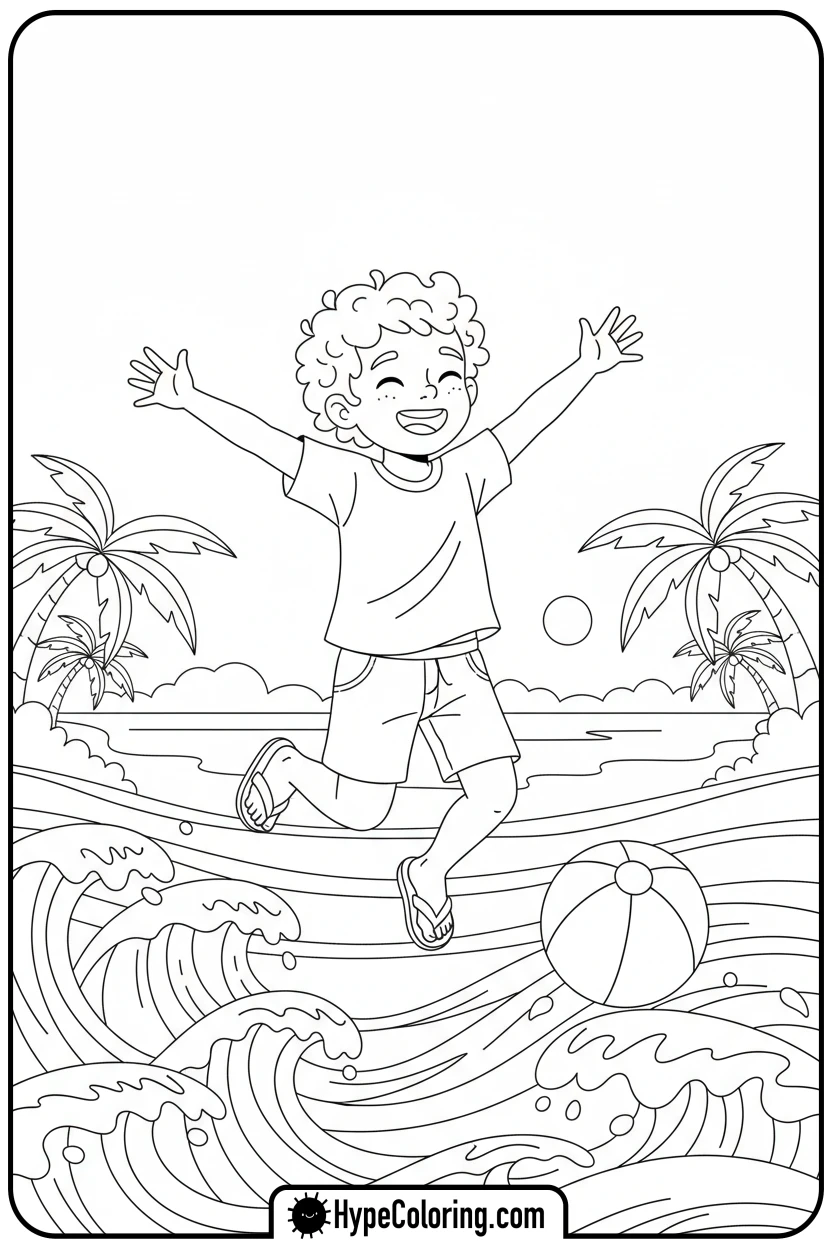 child-jumping-waves - summertime coloring pages
