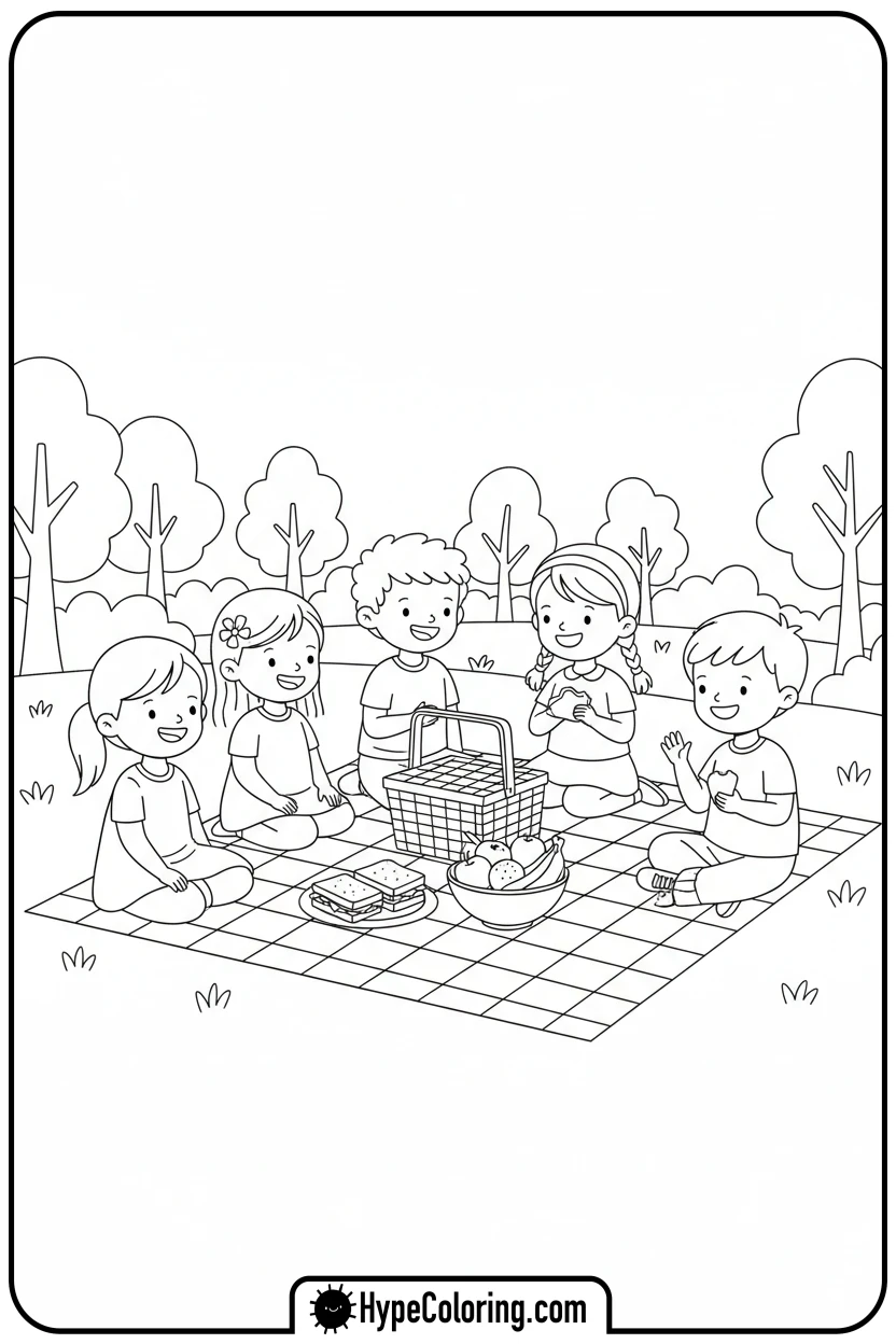 kids-picnicking-in-park - summertime coloring pages