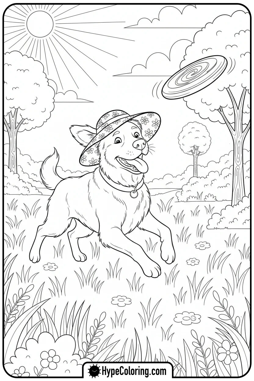 dog-chasing-frisbee - summertime coloring pages