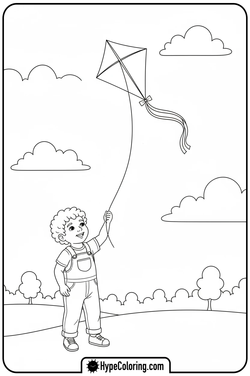 child-flying-kite - summertime coloring pages
