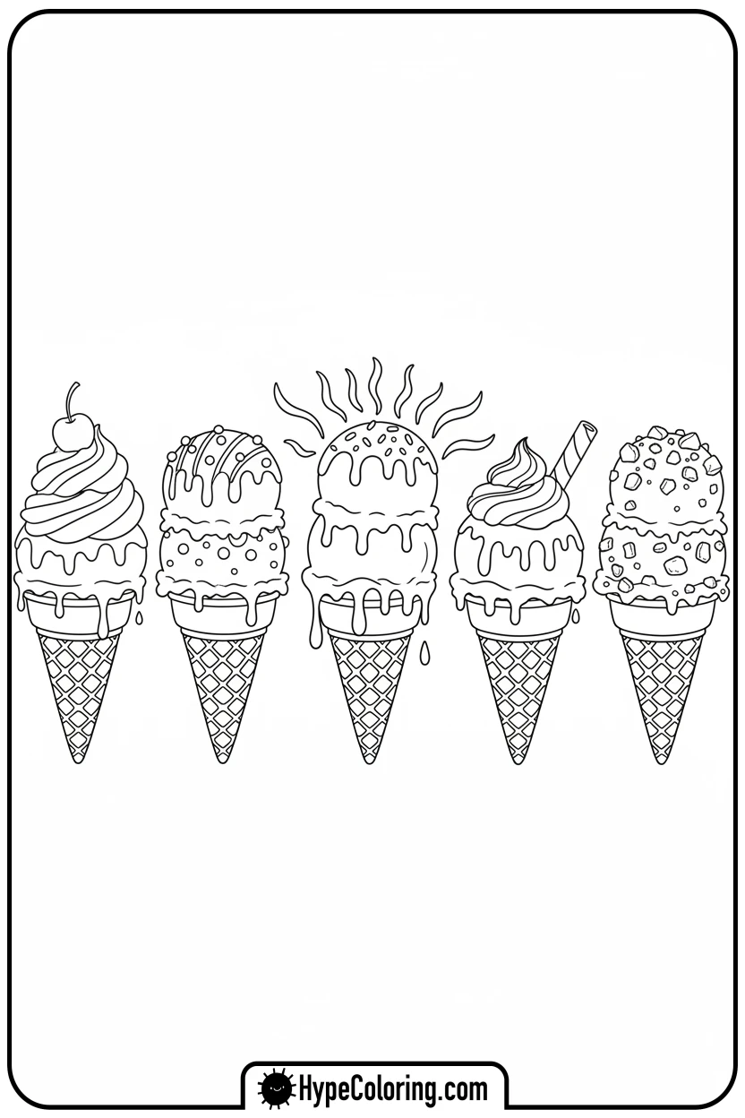 row-of-ice-cream-cones - summertime coloring pages