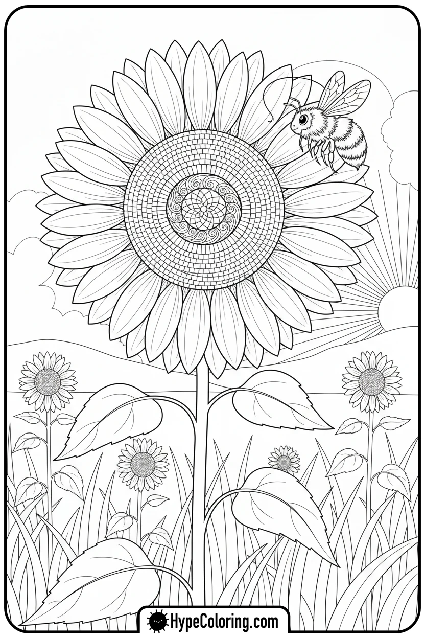 sunflower-with-bee - summertime coloring pages