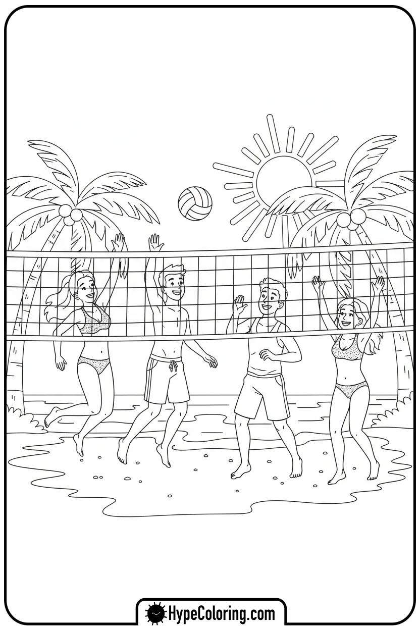 friends-playing-beach-volleyball - summertime coloring pages