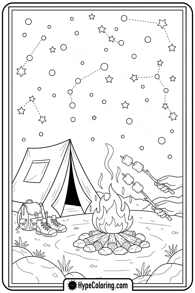 campfire-under-stars - summertime coloring pages