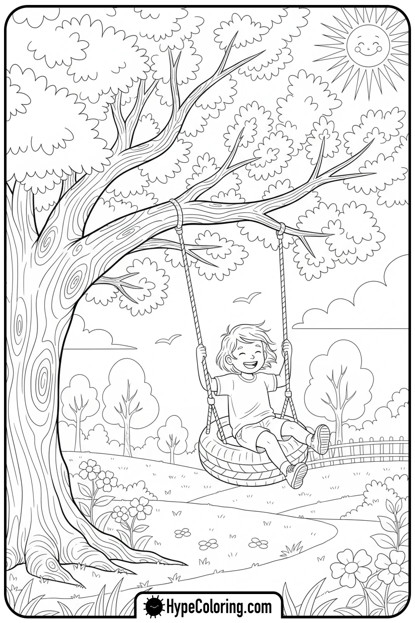 child-on-tire-swing - summertime coloring pages
