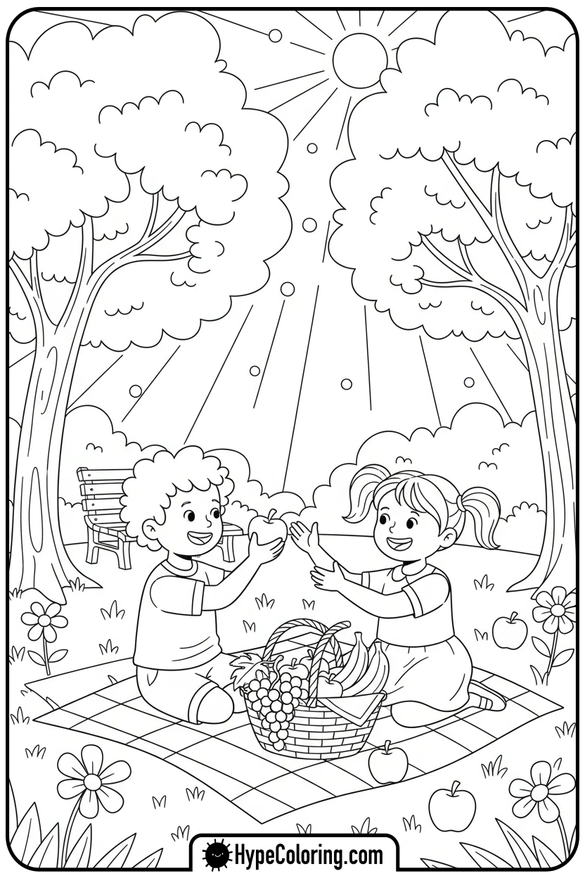 children-sharing-fruit - bible verse coloring pages