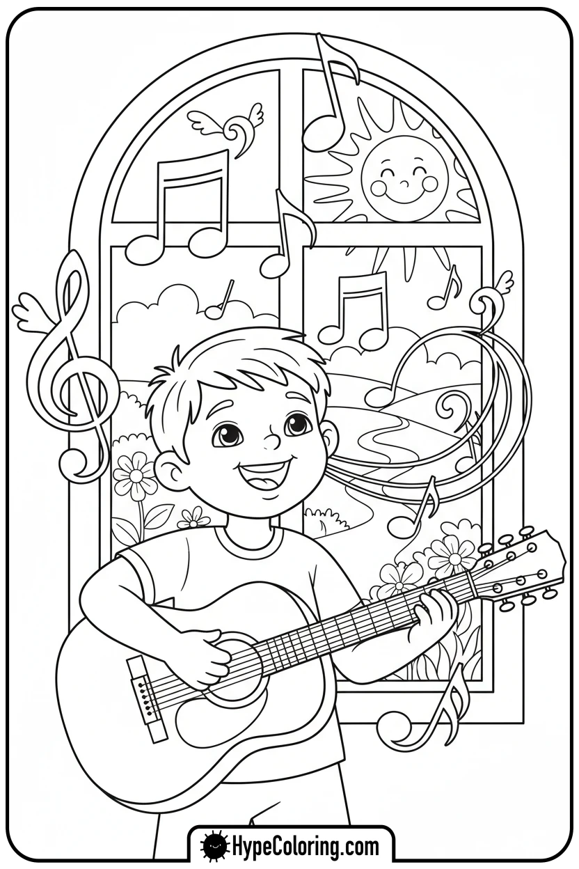 child-playing-guitar-happily - bible verse coloring pages
