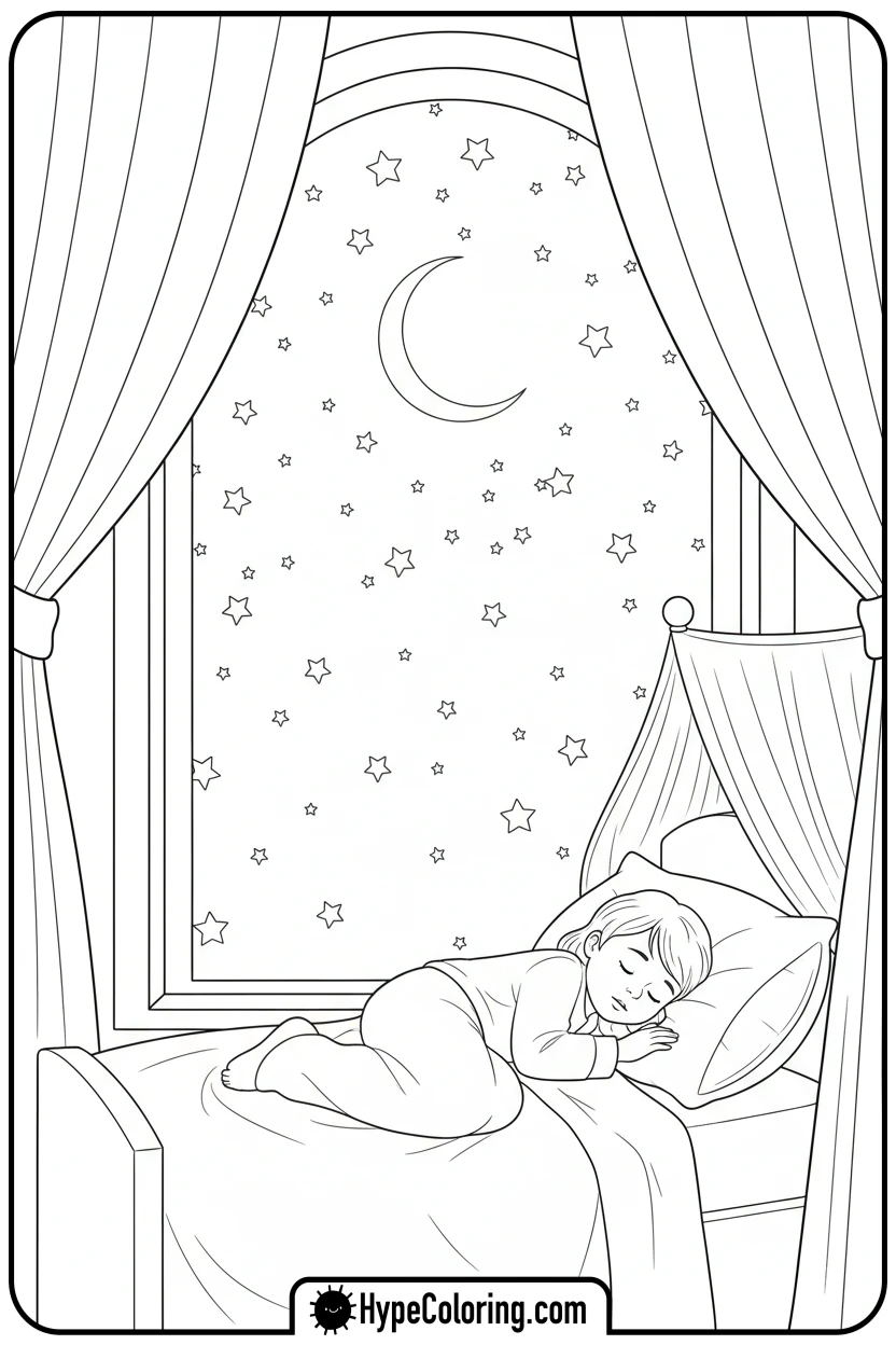 starry-night-sky-with-moon-and-sleeping-child - bible verse coloring pages