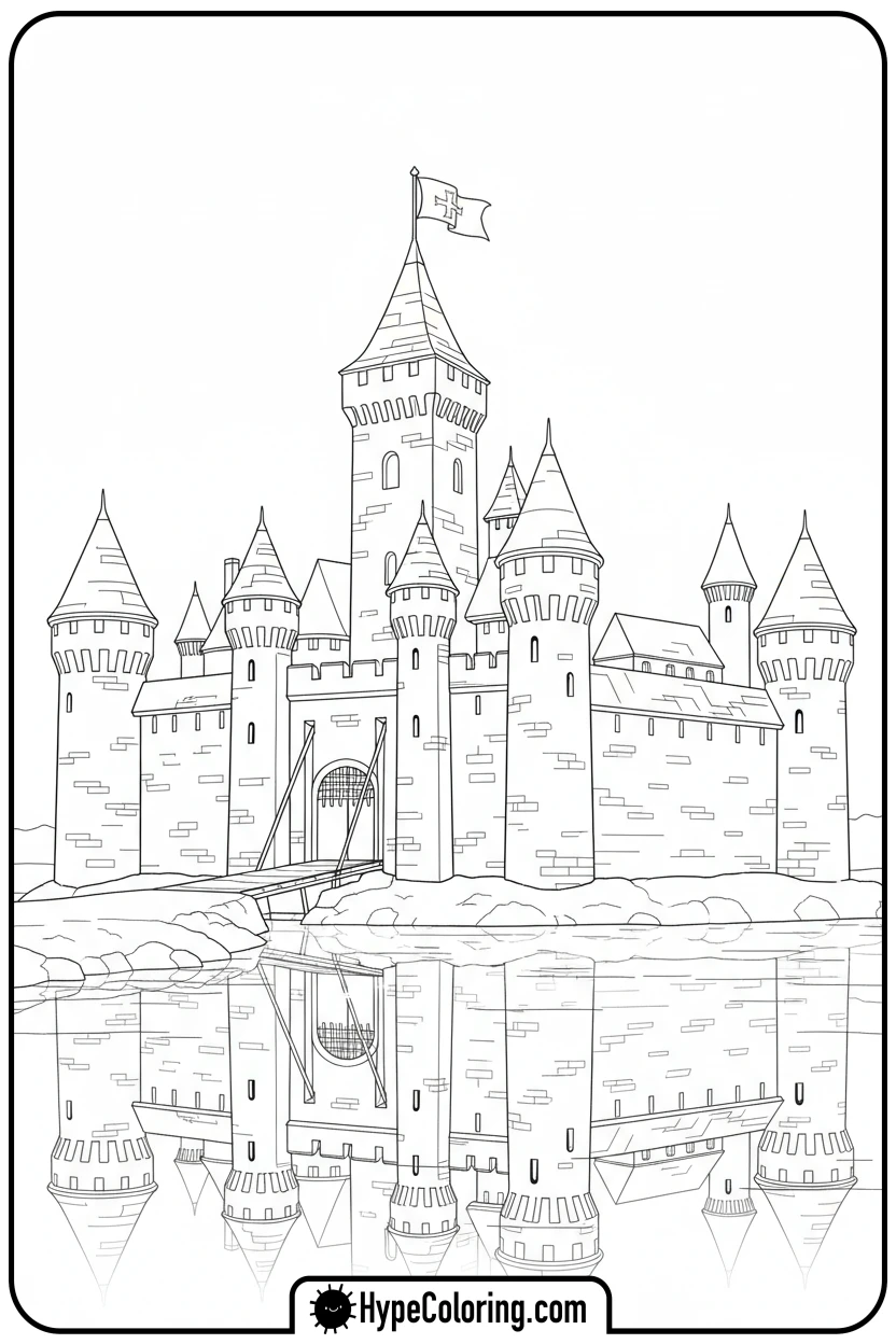majestic-castle-with-moat - castle coloring pages