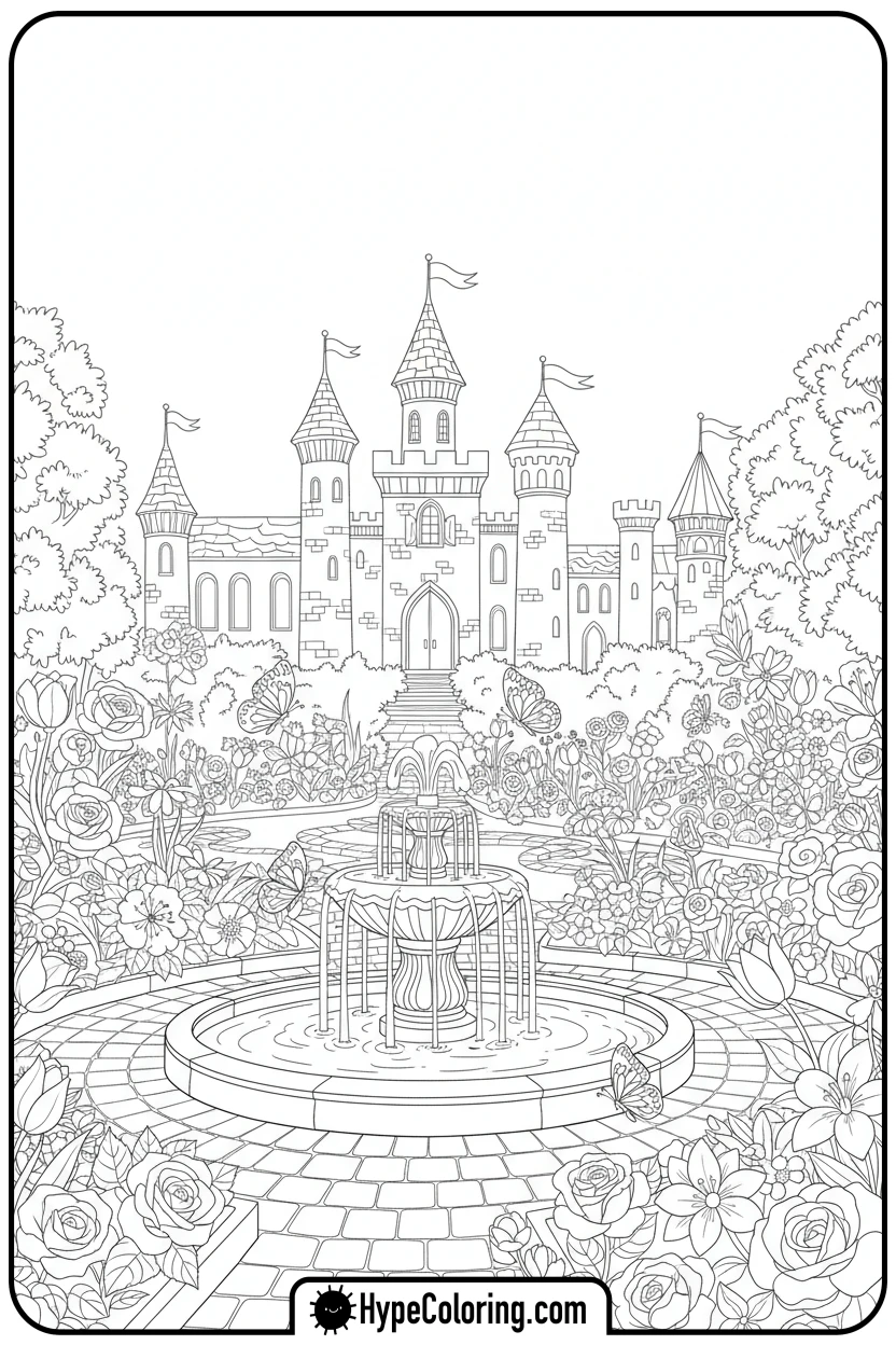 castle-garden-with-fountain - castle coloring pages
