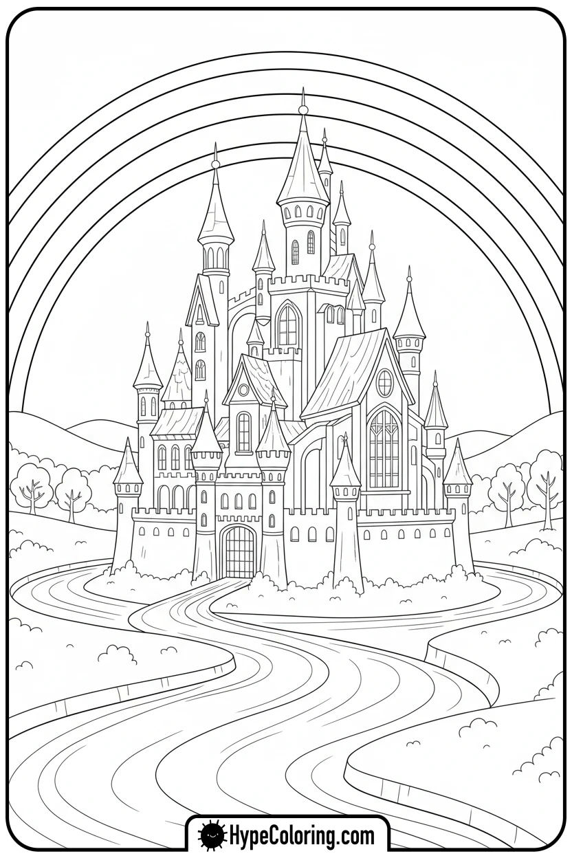 rainbow-over-fantasy-castle - castle coloring pages