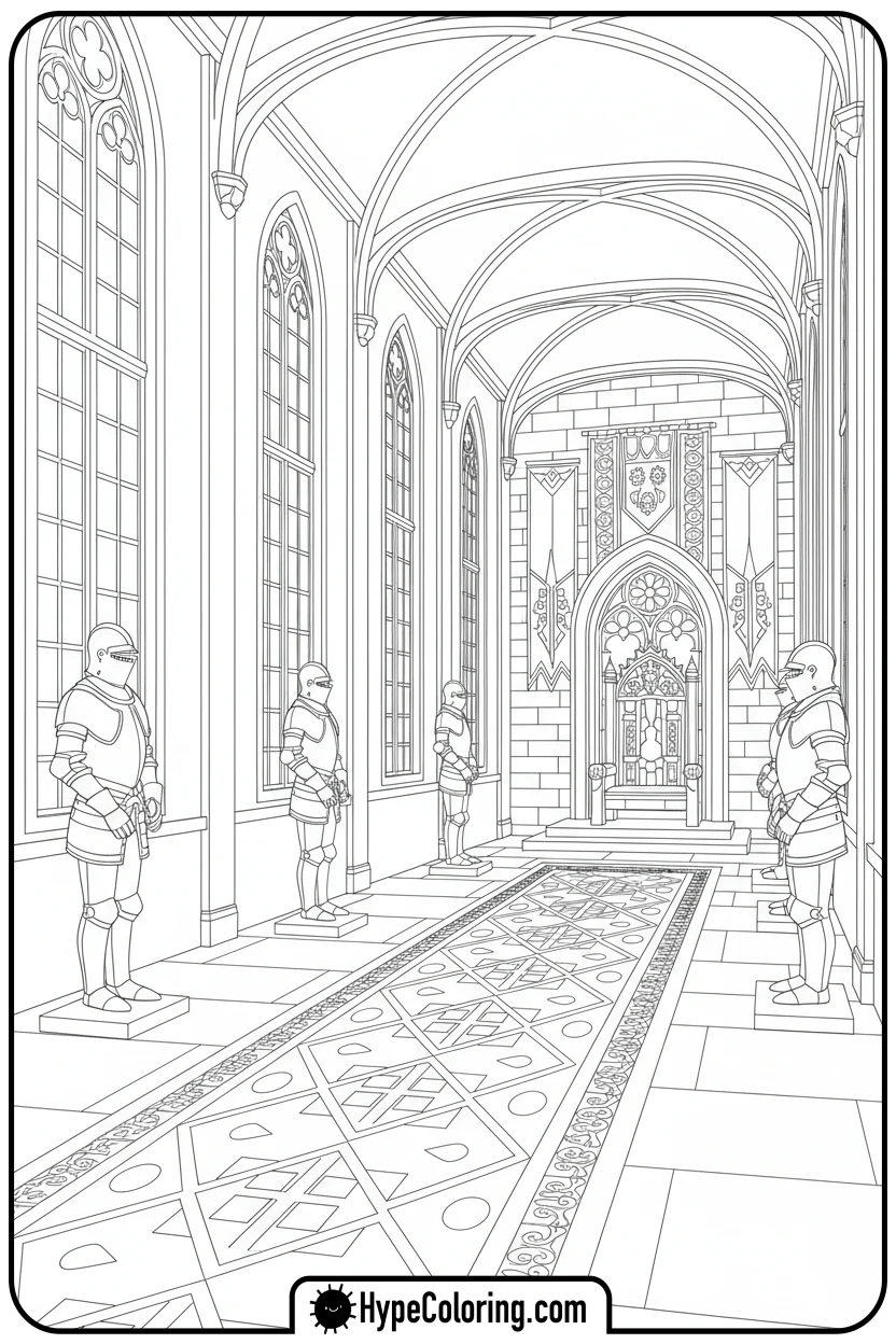 grand-castle-hallway - castle coloring pages