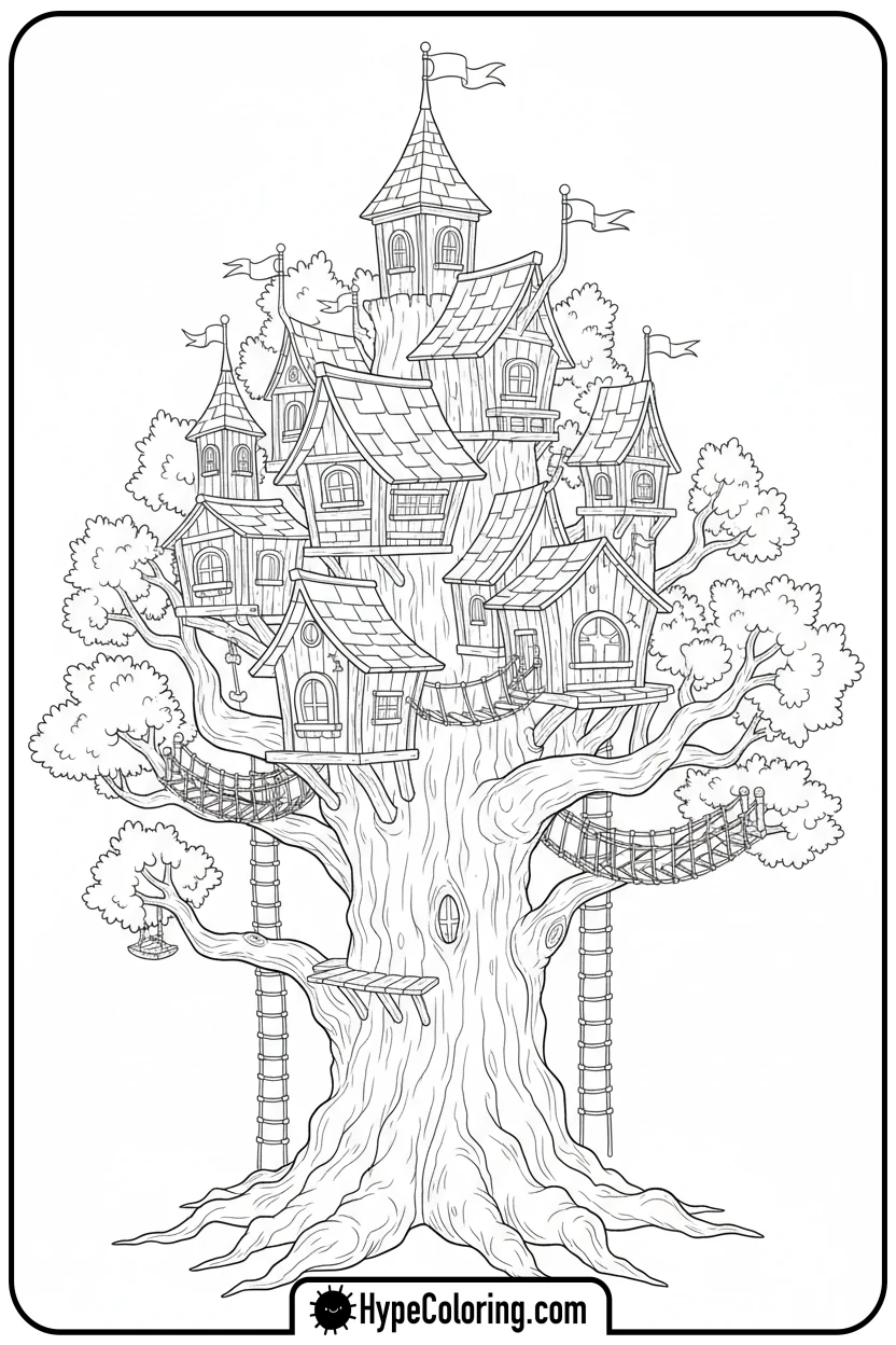 treehouse-castle-in-oak - castle coloring pages