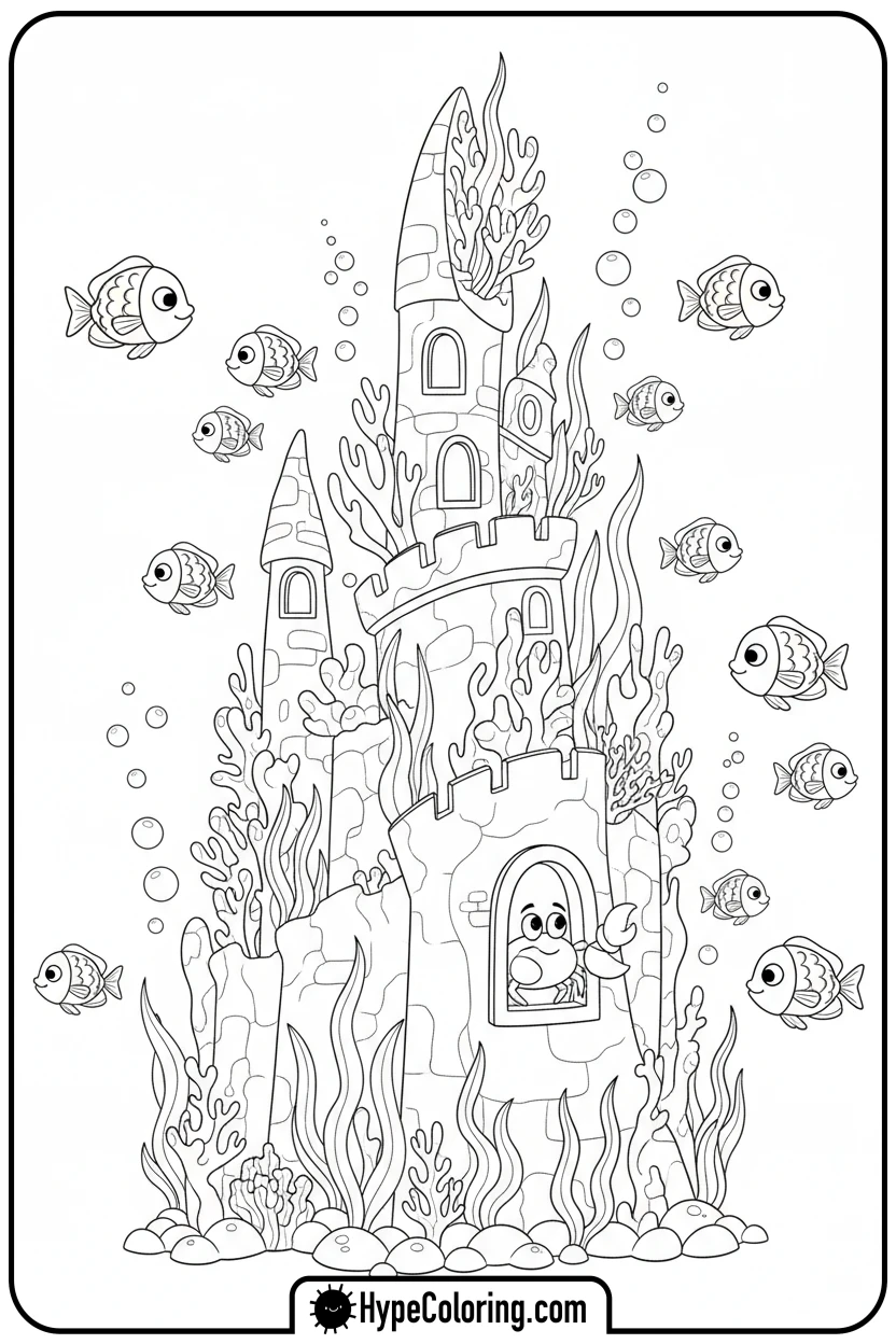 underwater-castle-with-fish - castle coloring pages
