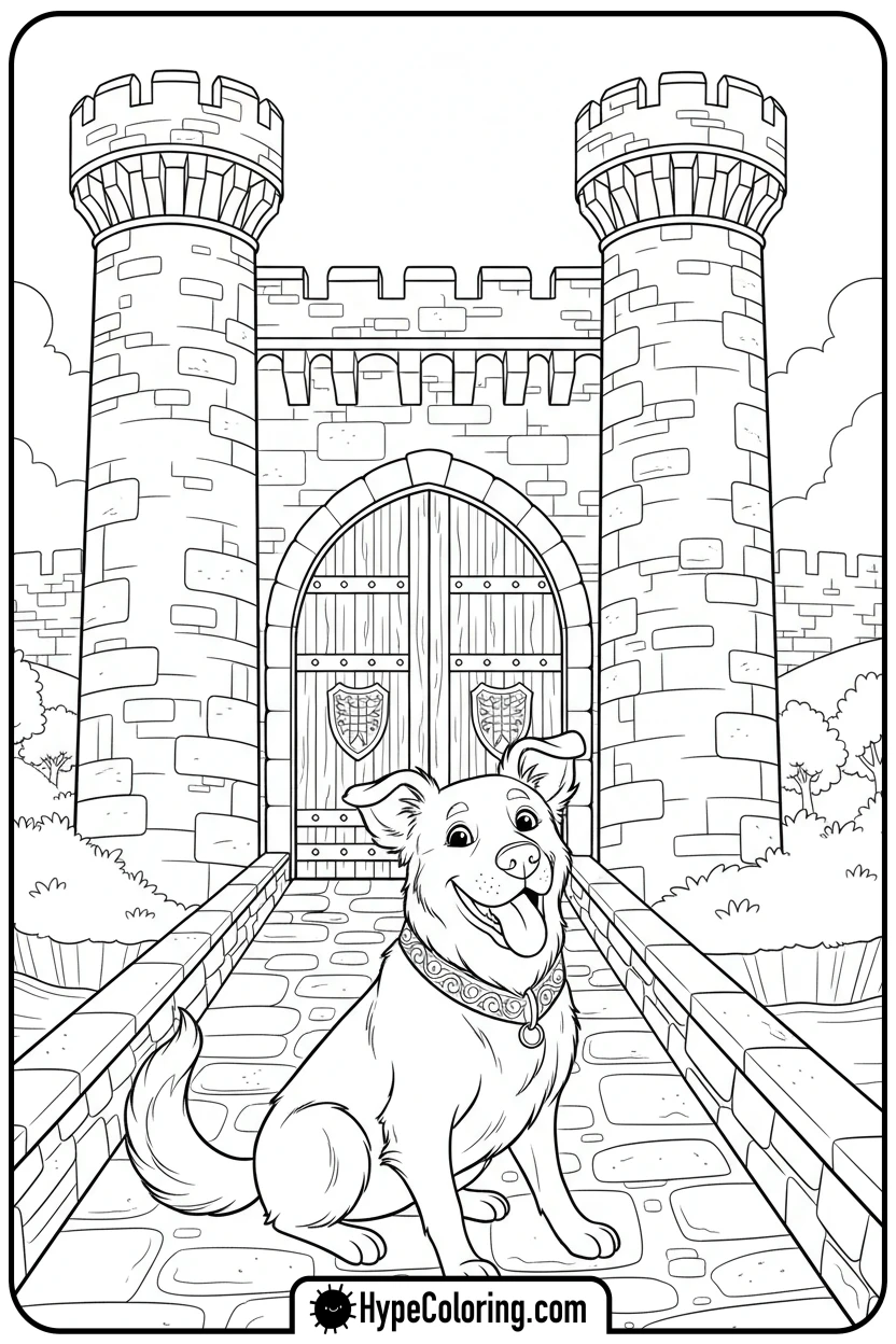 happy-dog-guarding-castle - castle coloring pages
