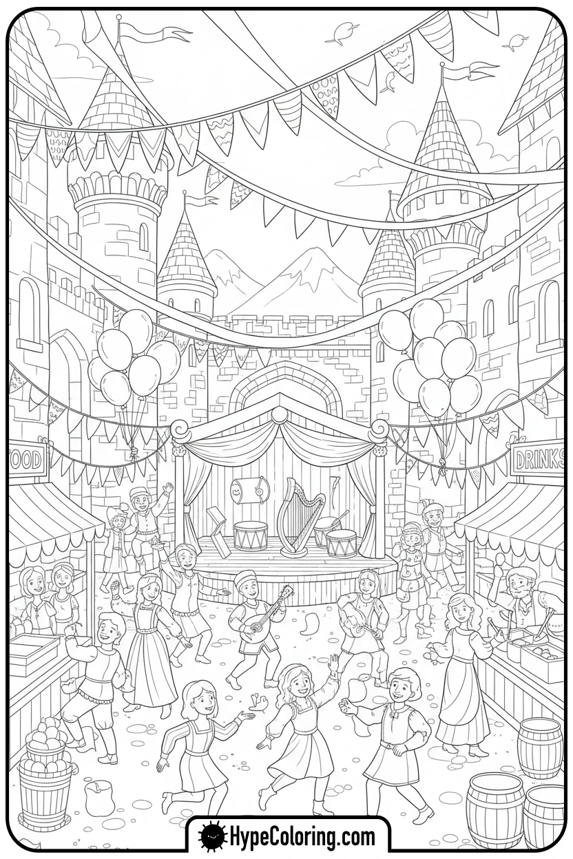 castle-festival-courtyard - castle coloring pages