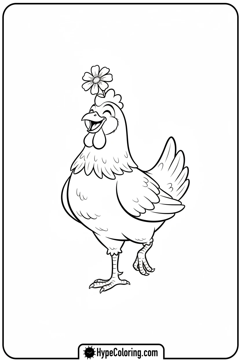 happy-hen-balancing-flower - chicken coloring pages