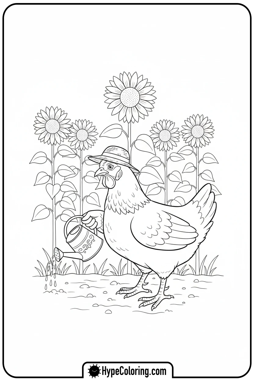 chicken-gardening-with-sunflowers - chicken coloring pages