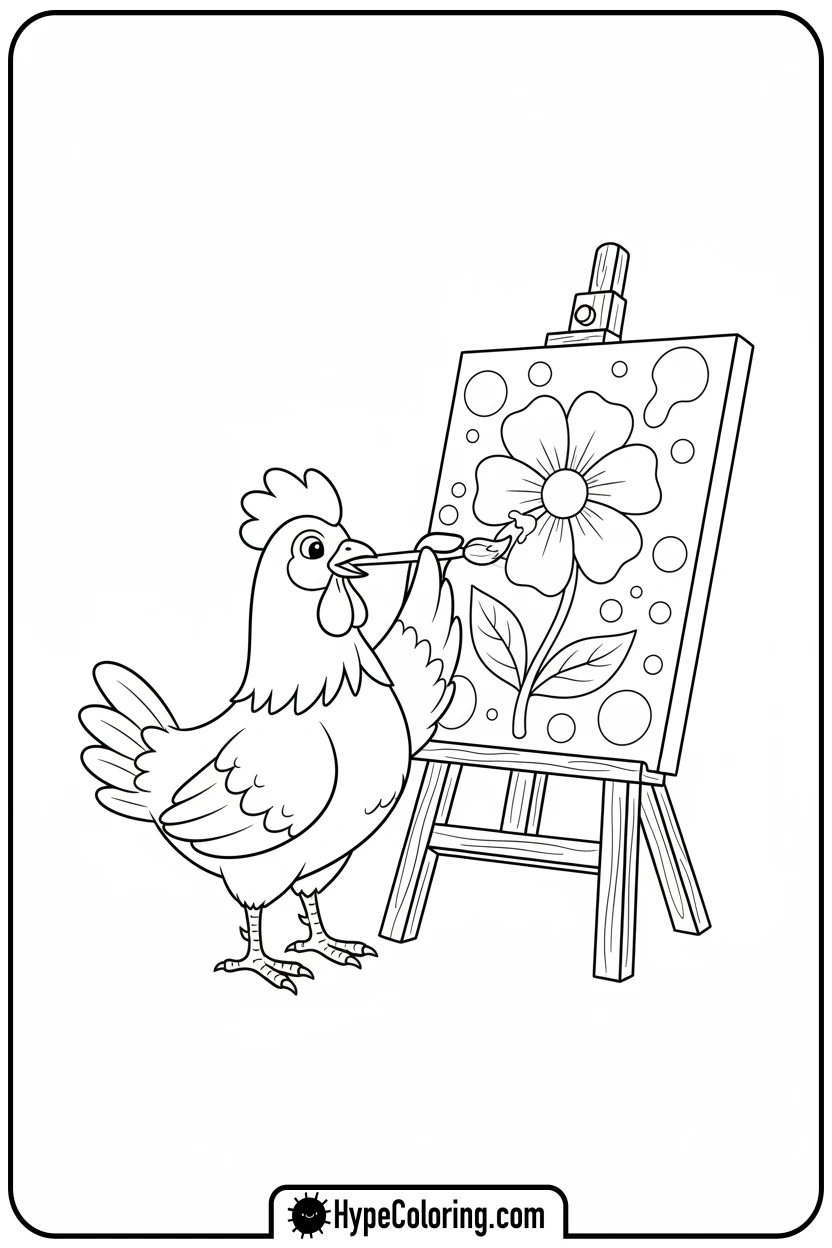 chicken-painting-a-flower - chicken coloring pages