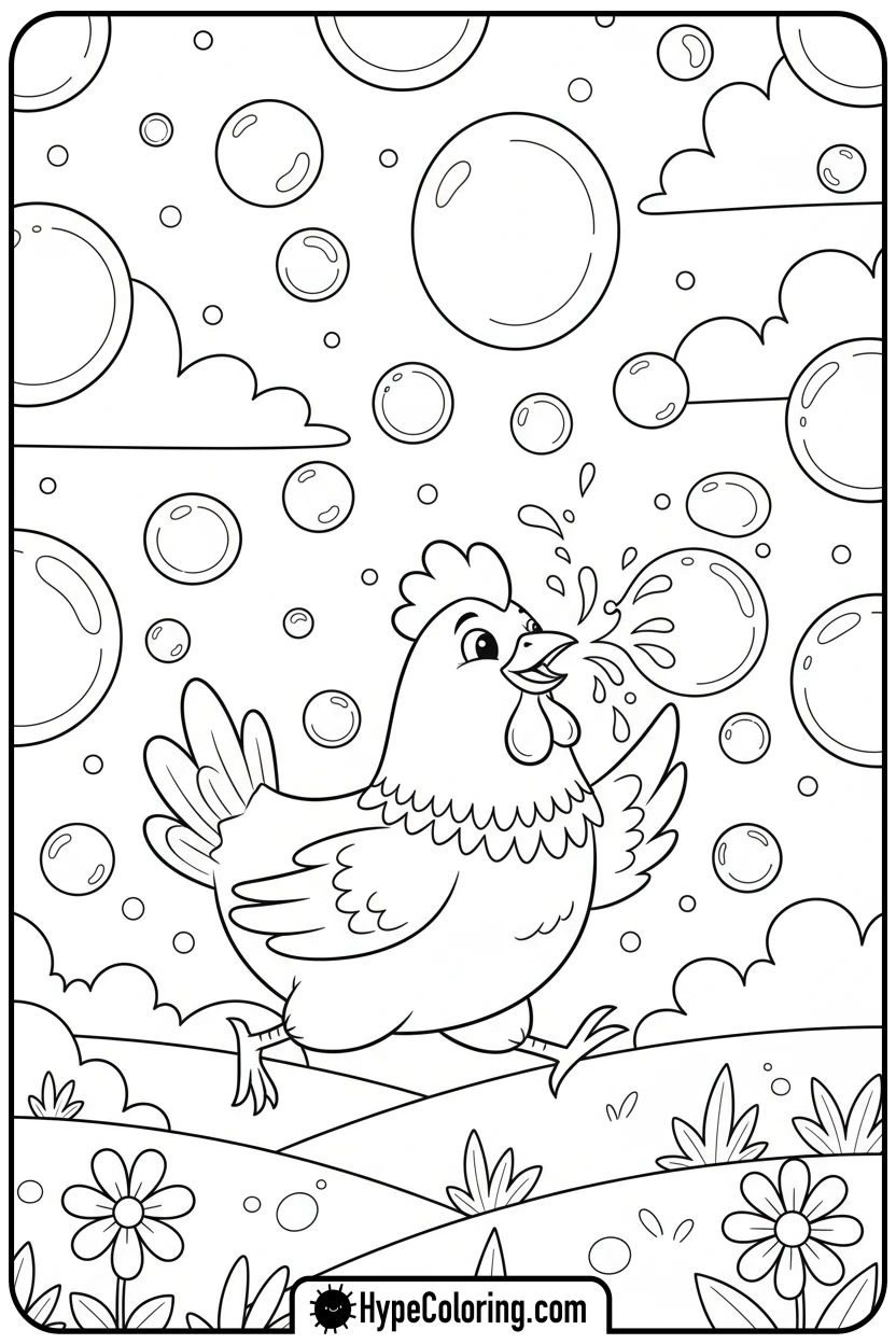 chicken-chasing-bubbles - chicken coloring pages