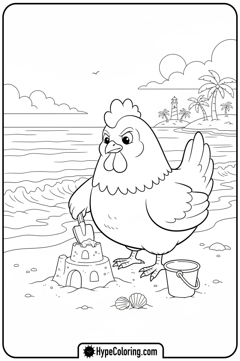 chicken-building-sandcastle - chicken coloring pages