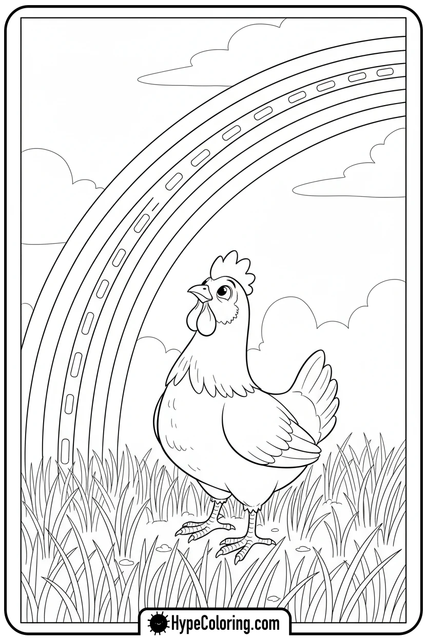chicken-looking-at-a-rainbow - chicken coloring pages