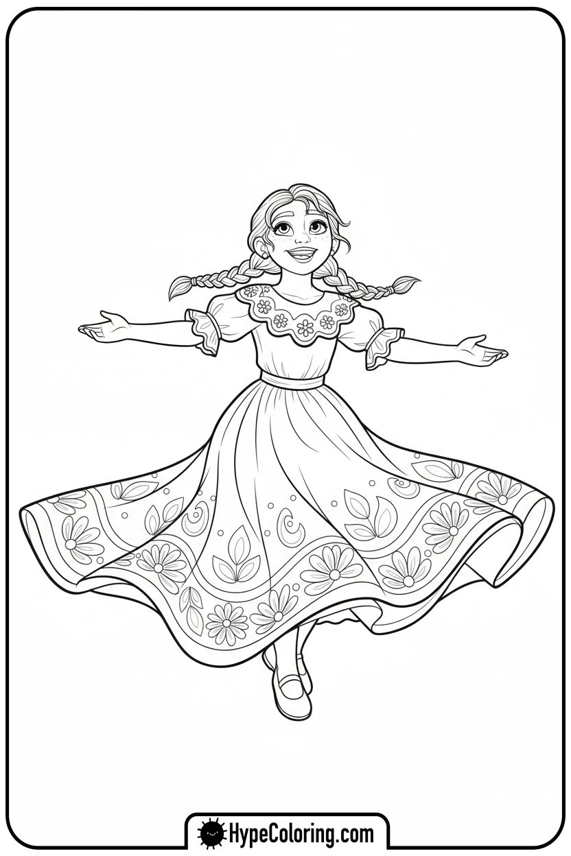 Click to download PDF girl-twirling-in-folkloric-dress - cinco de mayo coloring pages